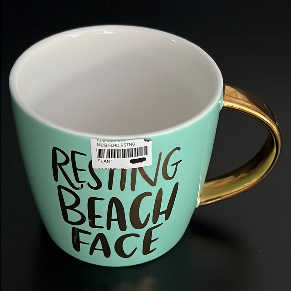“resting beach face” gold on turquoise ceramic 14oz mug-NWT
